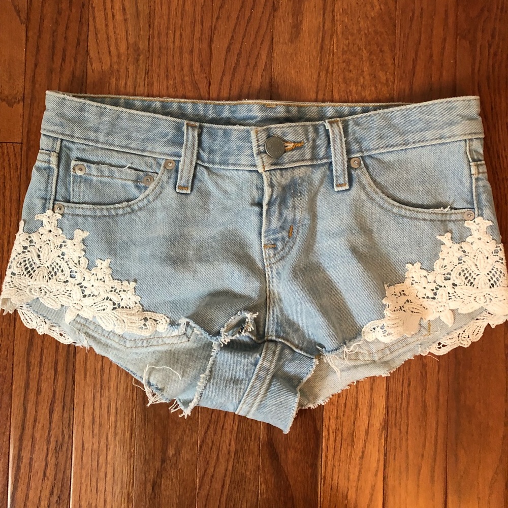 BDG Low Rise Crochet-Side Denim Shorts